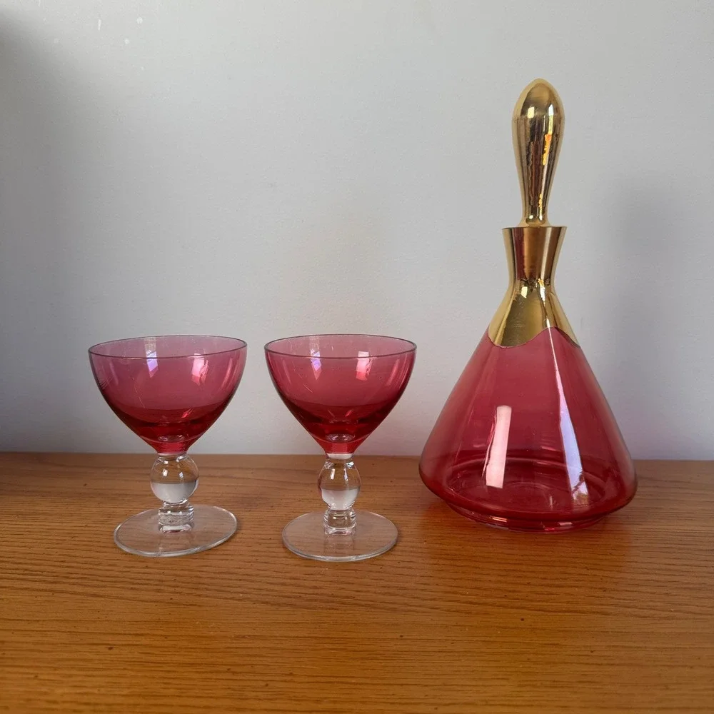 Vintage MCM Cranberry Glass Decanter and 2 Cordial Glasses Gold Trim‎ Set